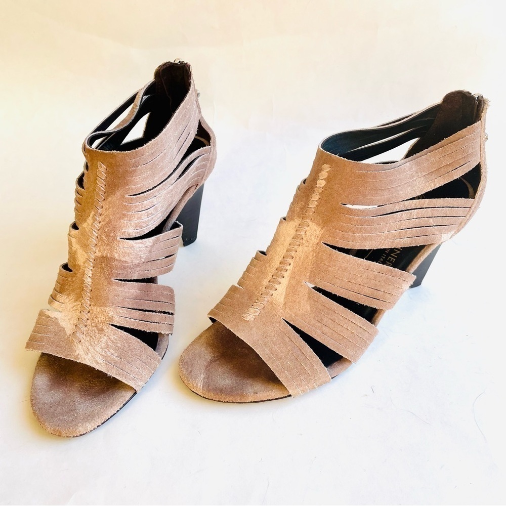 Donald J. Pliner Tan Suede Peep Toe Heels 6.5M